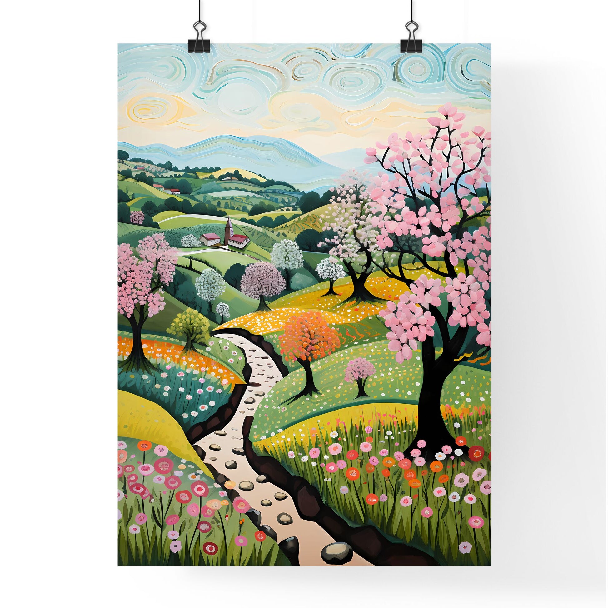 A Poster of spring landscape - A Painting Of A Landscape With Trees And Flowers Default Title