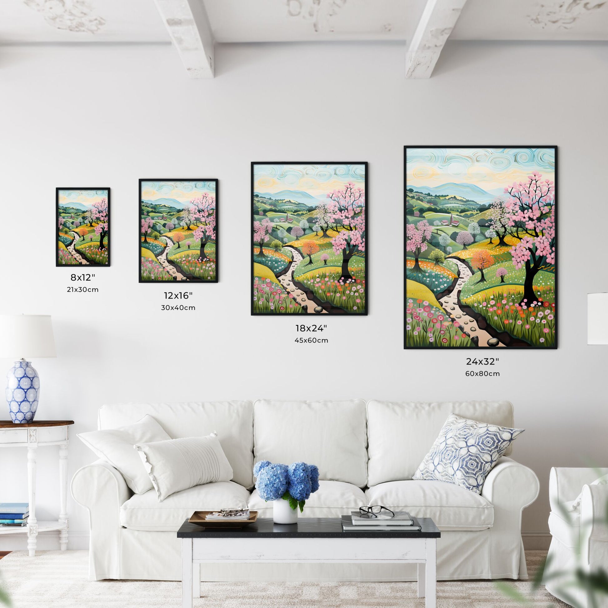 A Poster of spring landscape - A Painting Of A Landscape With Trees And Flowers Default Title