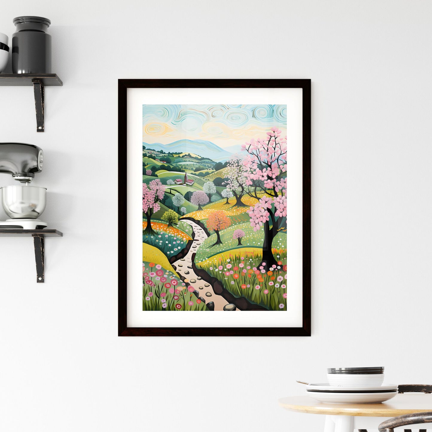 A Poster of spring landscape - A Painting Of A Landscape With Trees And Flowers Default Title