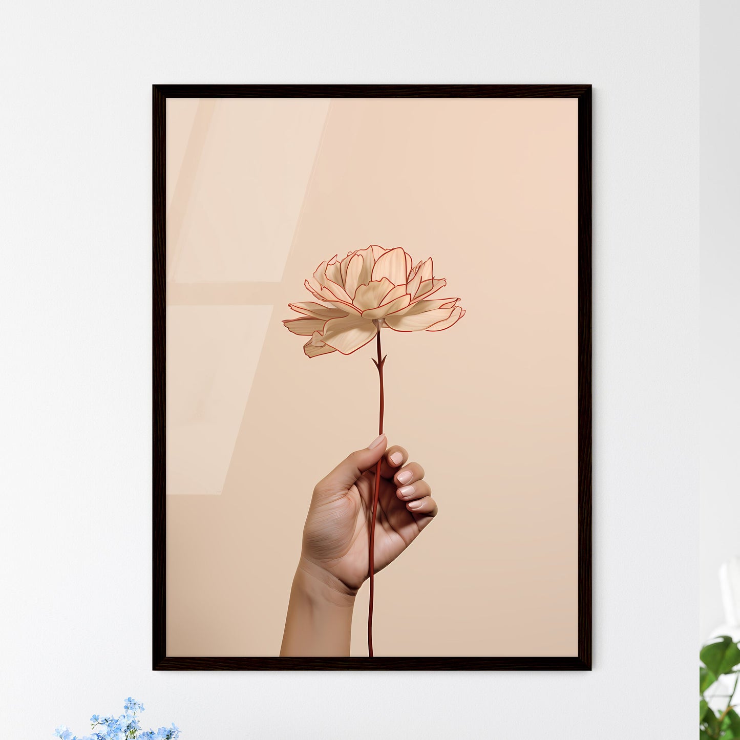 A Poster of hand holding a flower continuous - Framed Art Print
