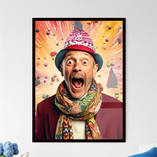 A Poster of happy suprised man wearing santa hat  Framed Print