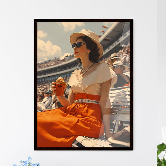 A Poster of Paris the French Olympic Games - A Woman In A Hat And Sunglasses Holding A Cup Of Food Default Title
