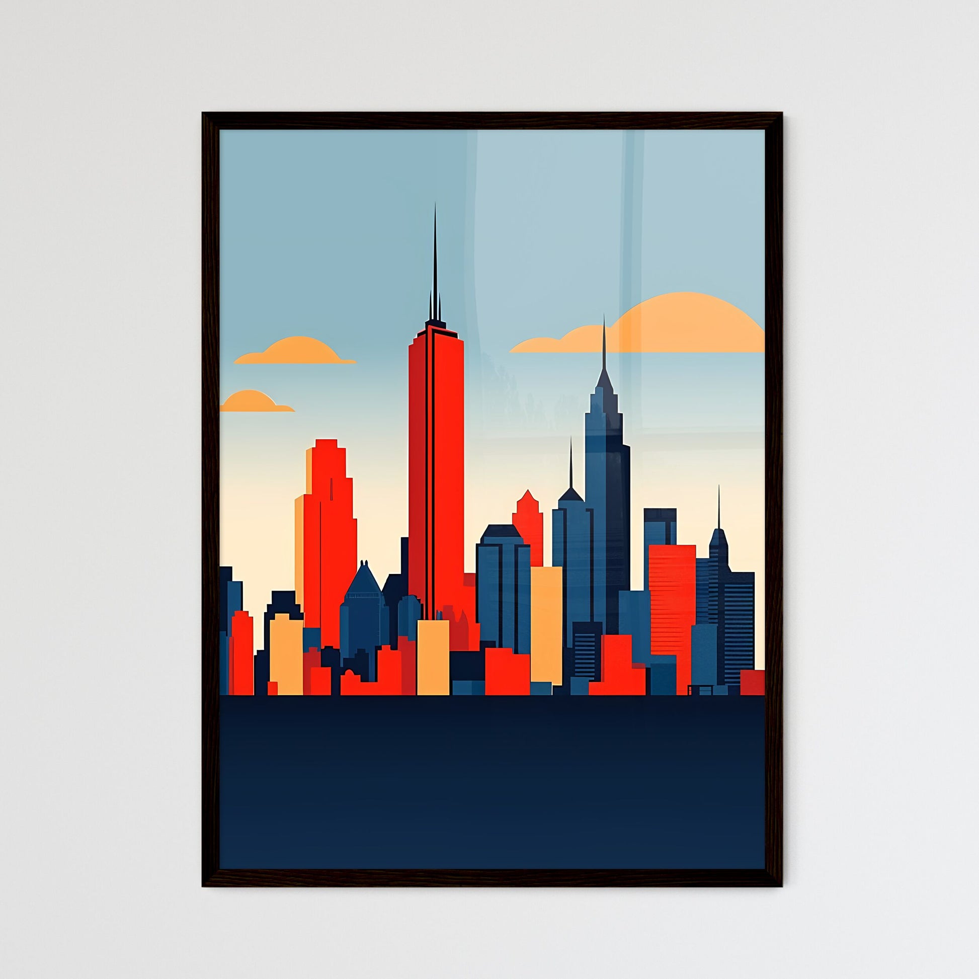 A Poster of minimalist Chicago skyline - A City Skyline With Tall Buildings Framed Art