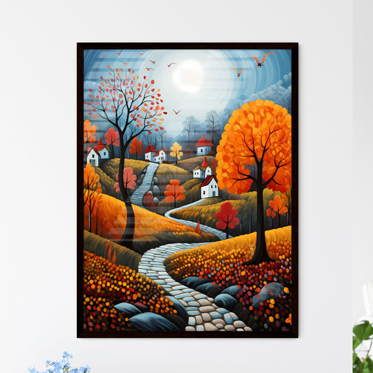 A Poster of autumn landscape - A Painting Of A Landscape With Houses And Trees Default Title