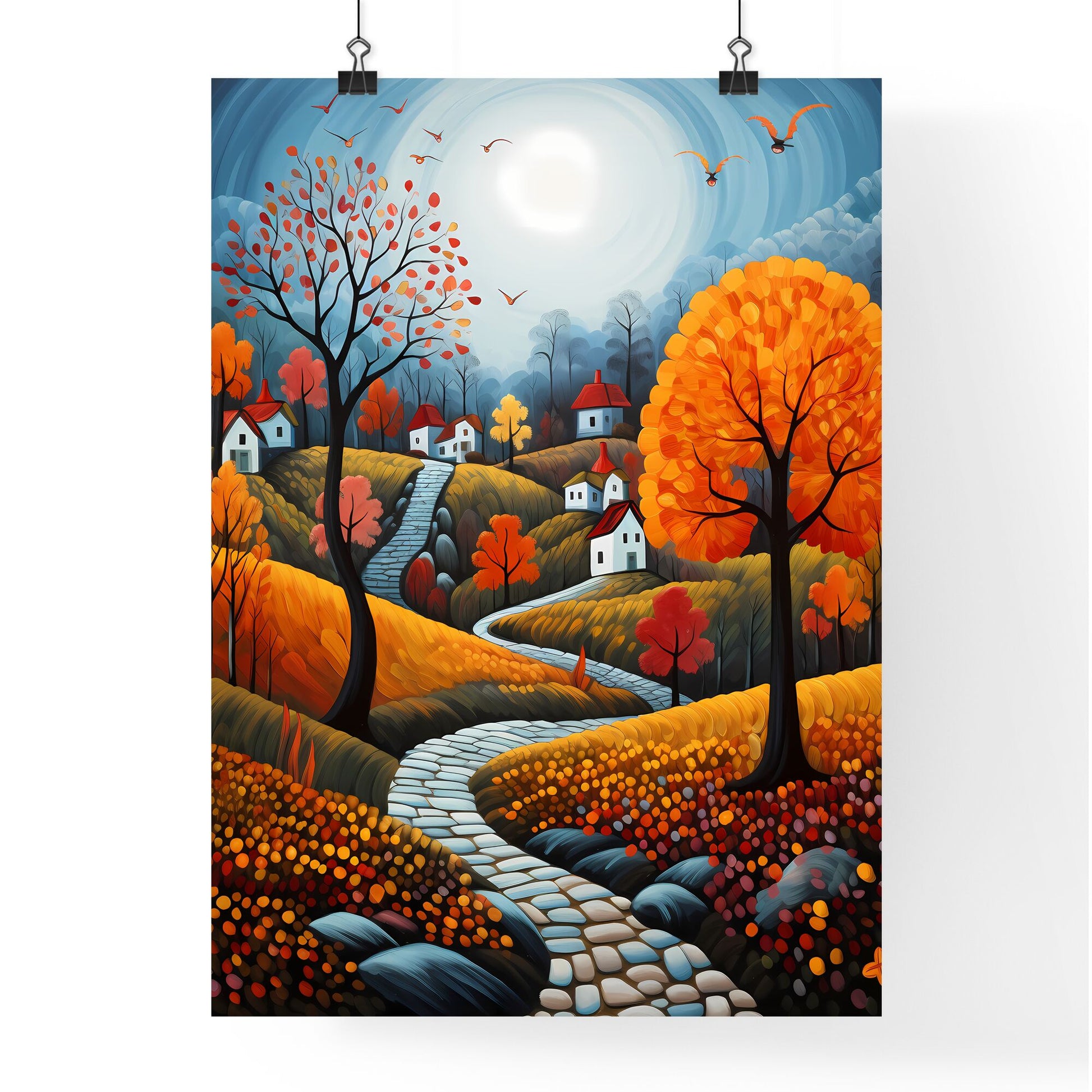 A Poster of autumn landscape - A Painting Of A Landscape With Houses And Trees Default Title