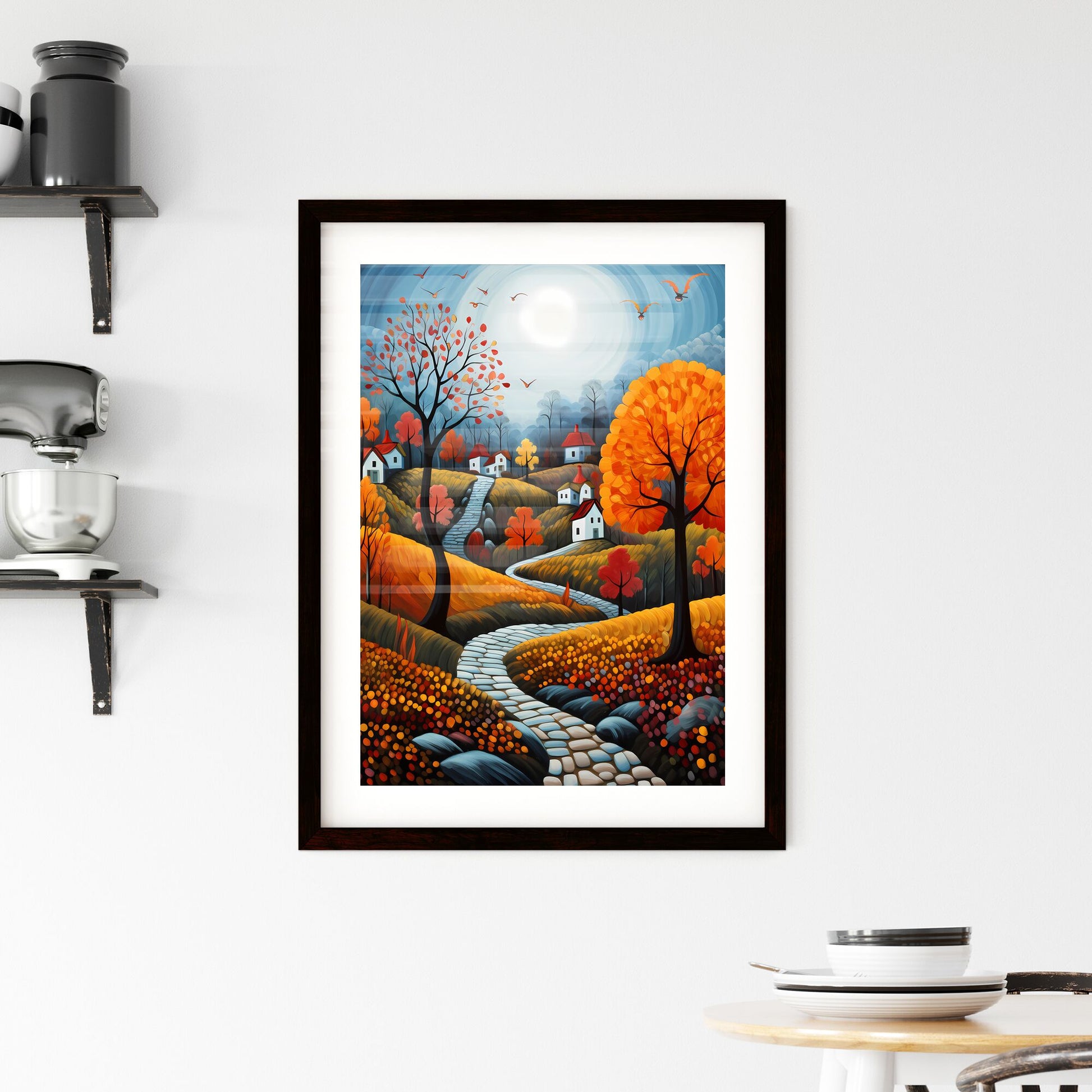 A Poster of autumn landscape - A Painting Of A Landscape With Houses And Trees Default Title