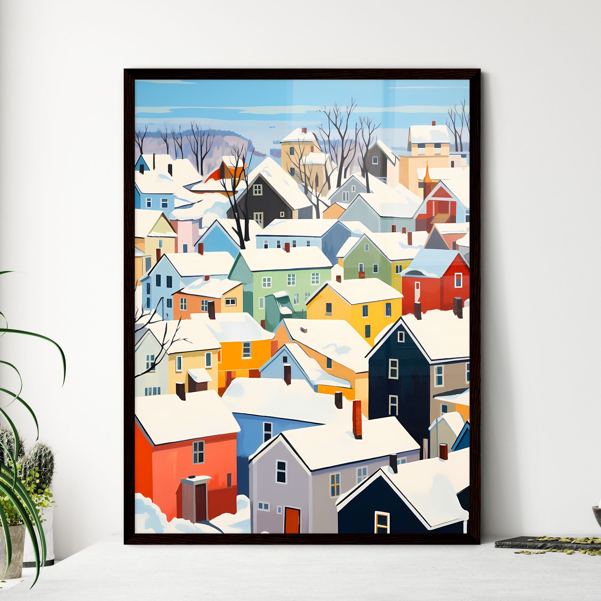 A Poster of snowy german small town roofs - A Group Of Colorful Houses Covered In Snow Framed Art