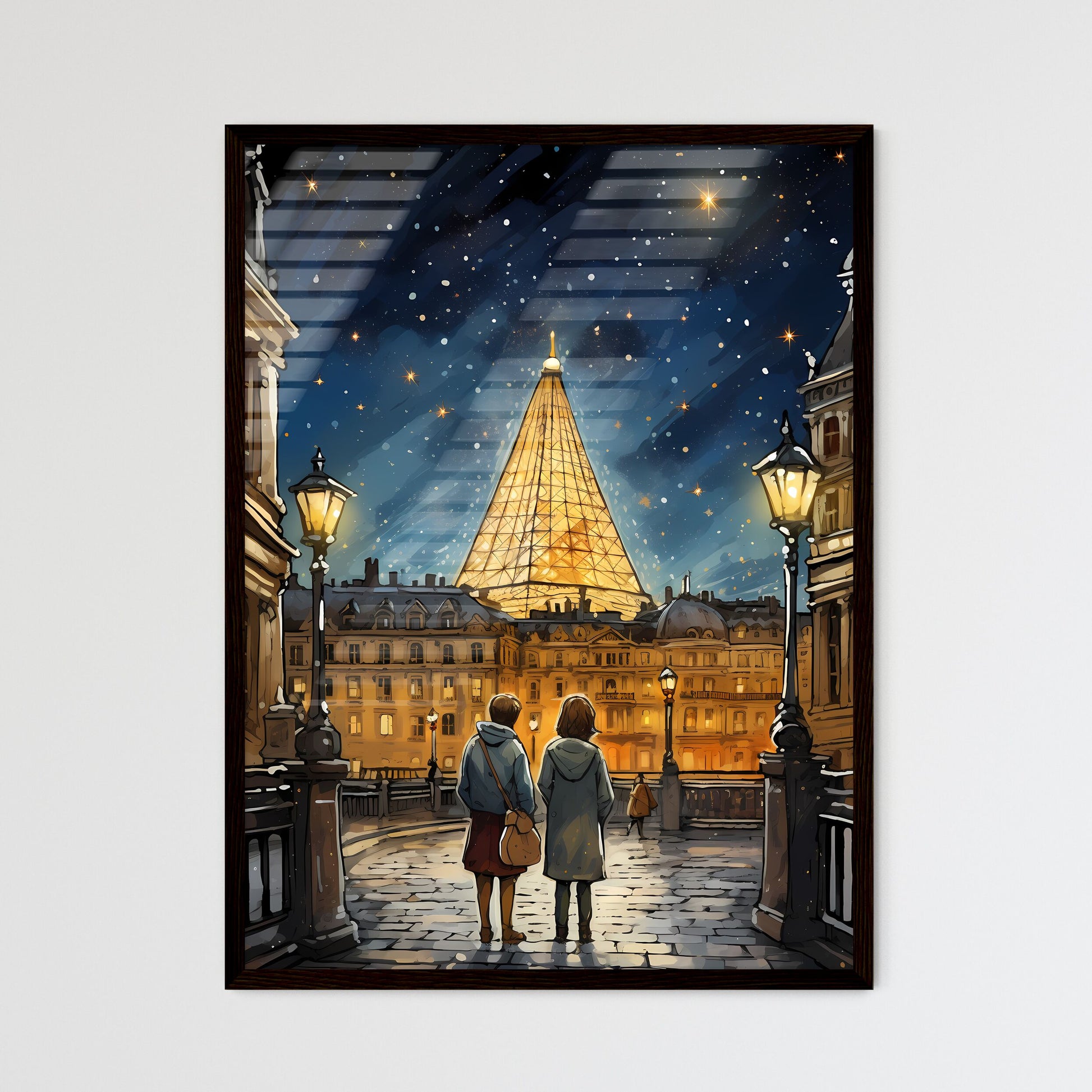 A Poster of adorable christmas illustration card - A Couple Of People Walking In A Courtyard With A Large Pyramid In The Background Framed Art