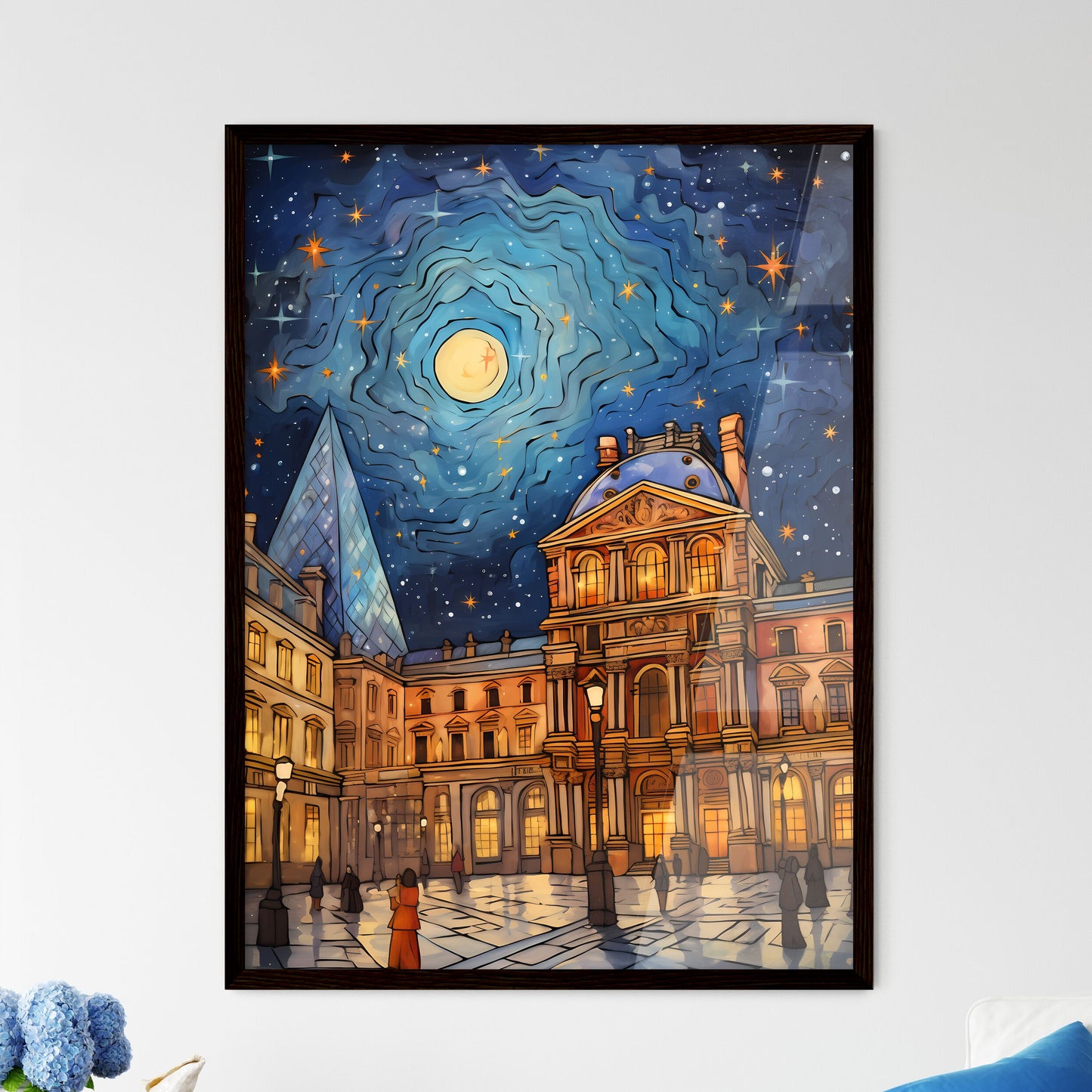 A Poster of adorable christmas illustration card - A Building With A Pyramid Shaped Building And A Moon In The Sky Framed Art