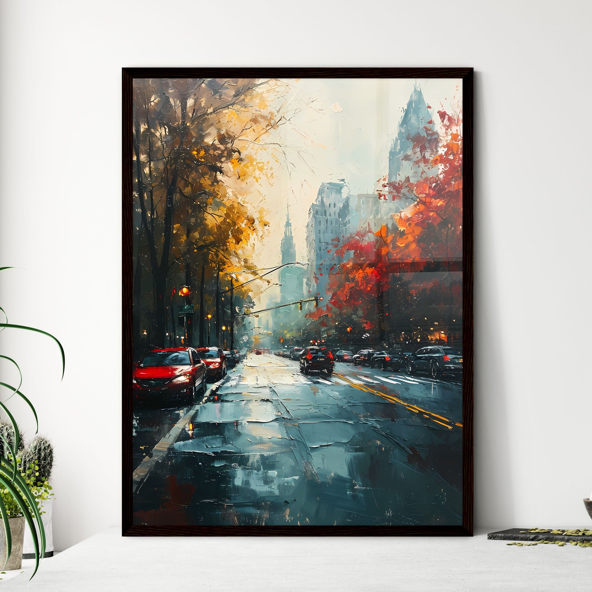 A Poster of Atlanta Georgia Art Sketch with colorful Background - A Street With Cars And Trees In The Background Framed Art