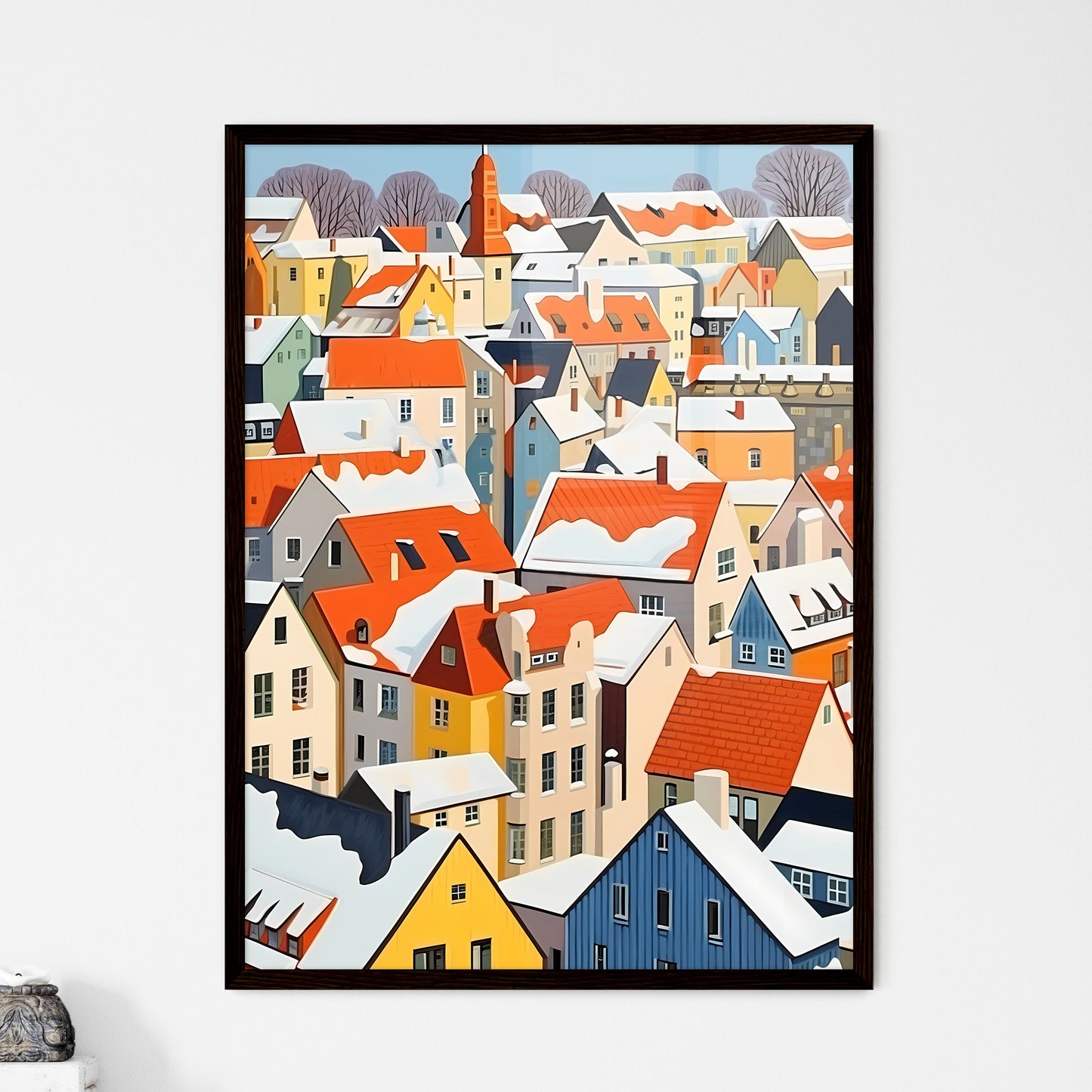 A Poster of snowy german small town roofs - A Group Of Houses Covered In Snow Framed Art