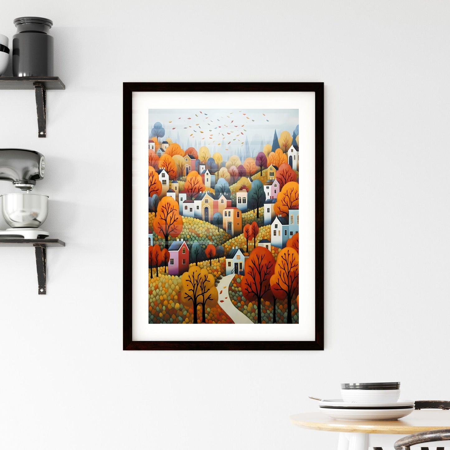 A Poster of autumn landscape - A Painting Of A Town With Colorful Trees And A Path Default Title