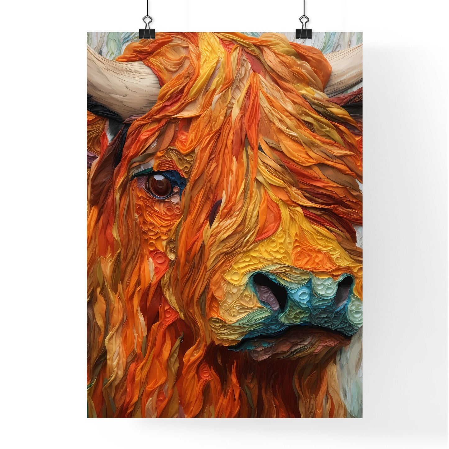 A Poster of Embroidery impasto painting highland cow - A Close Up Of A Cow'S Face Default Title