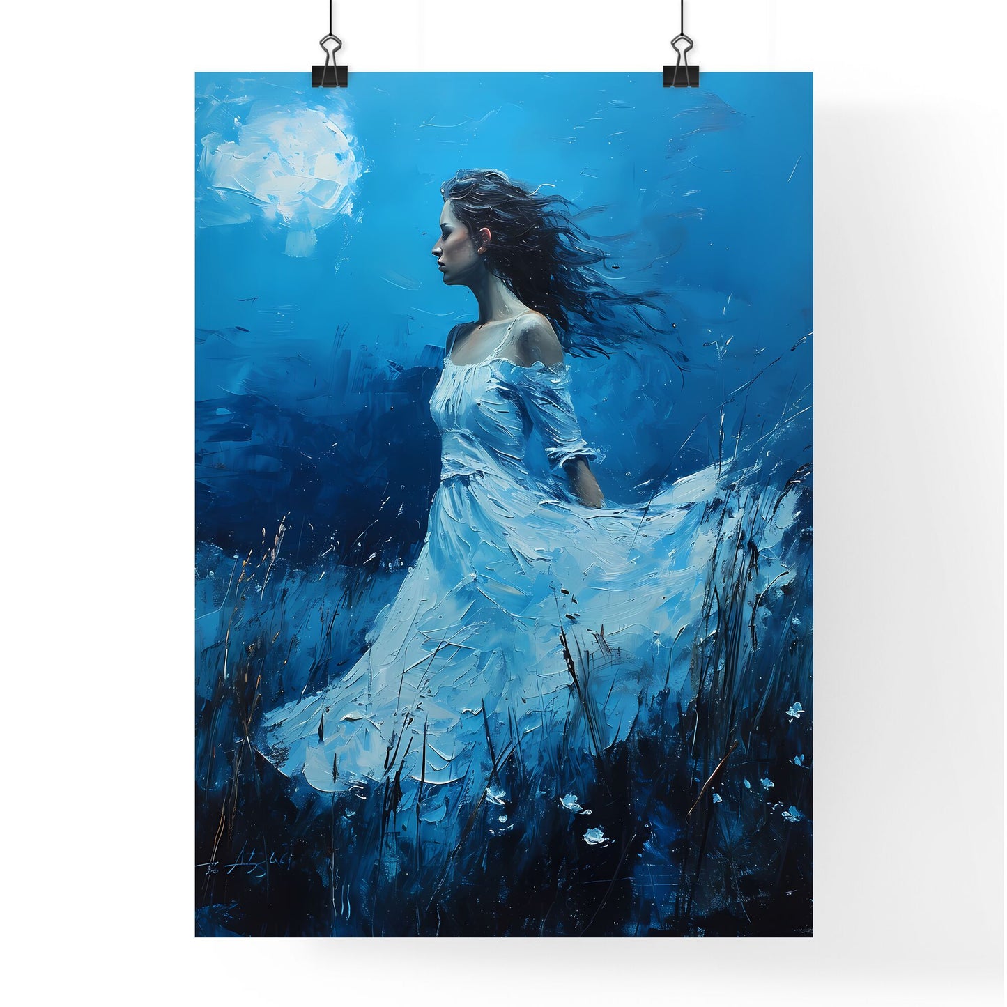 A Poster of a nocturne - A Woman In A White Dress In Water Default Title