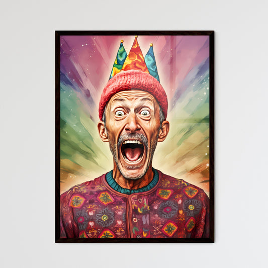 A Poster of happy suprised man wearing santa hat  Framed Print