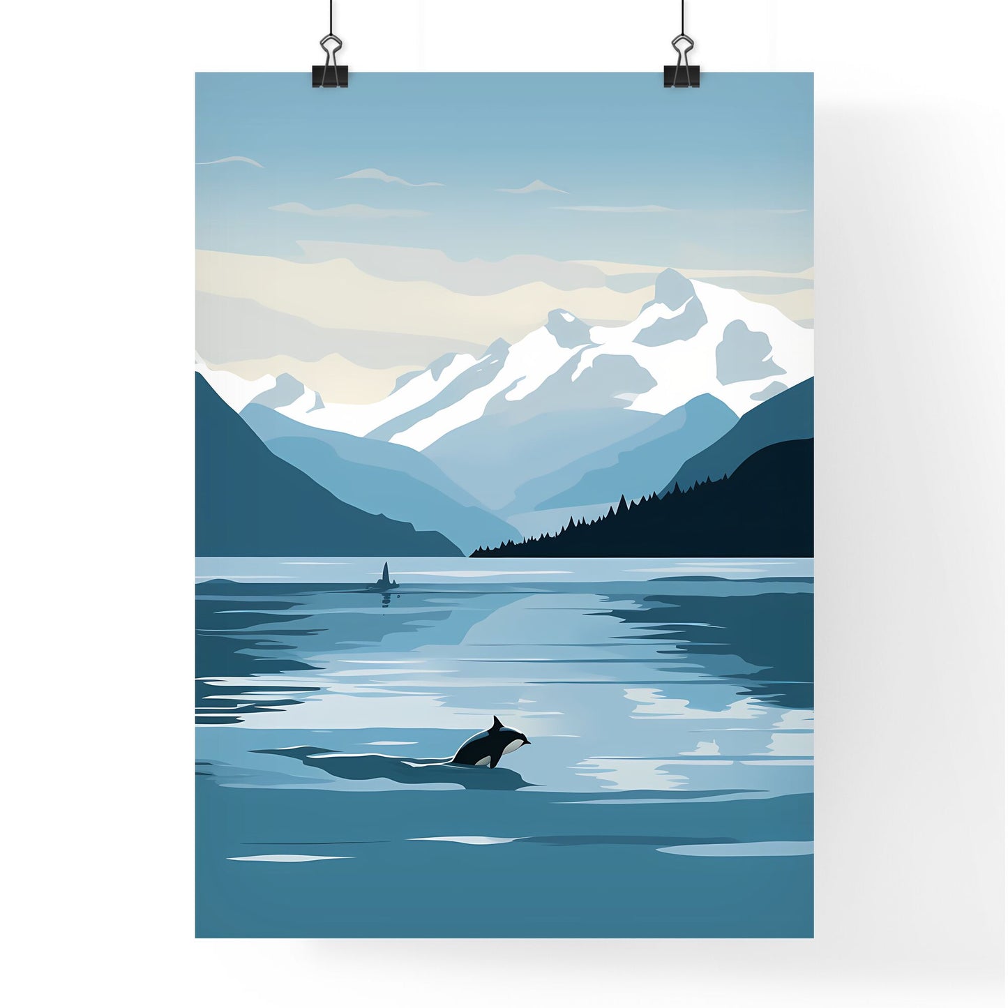 A Poster of glacier bay national park - A Dolphin Swimming In A Lake With Mountains In The Background Default Title