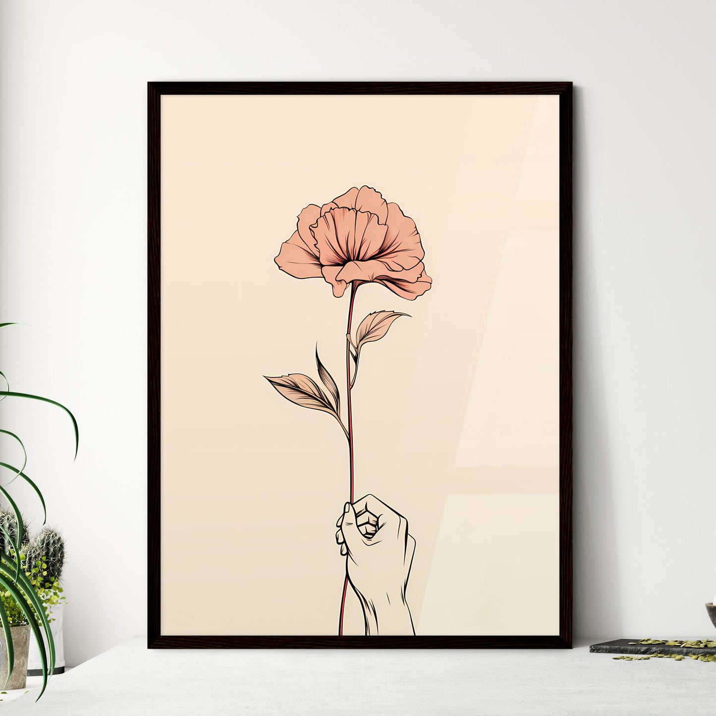 A Poster of hand holding a flower continuous - Framed Art Print