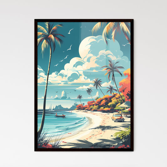 A Poster of Maldives travel Posters in retro style - A Beach With Palm Trees And A Boat Default Title