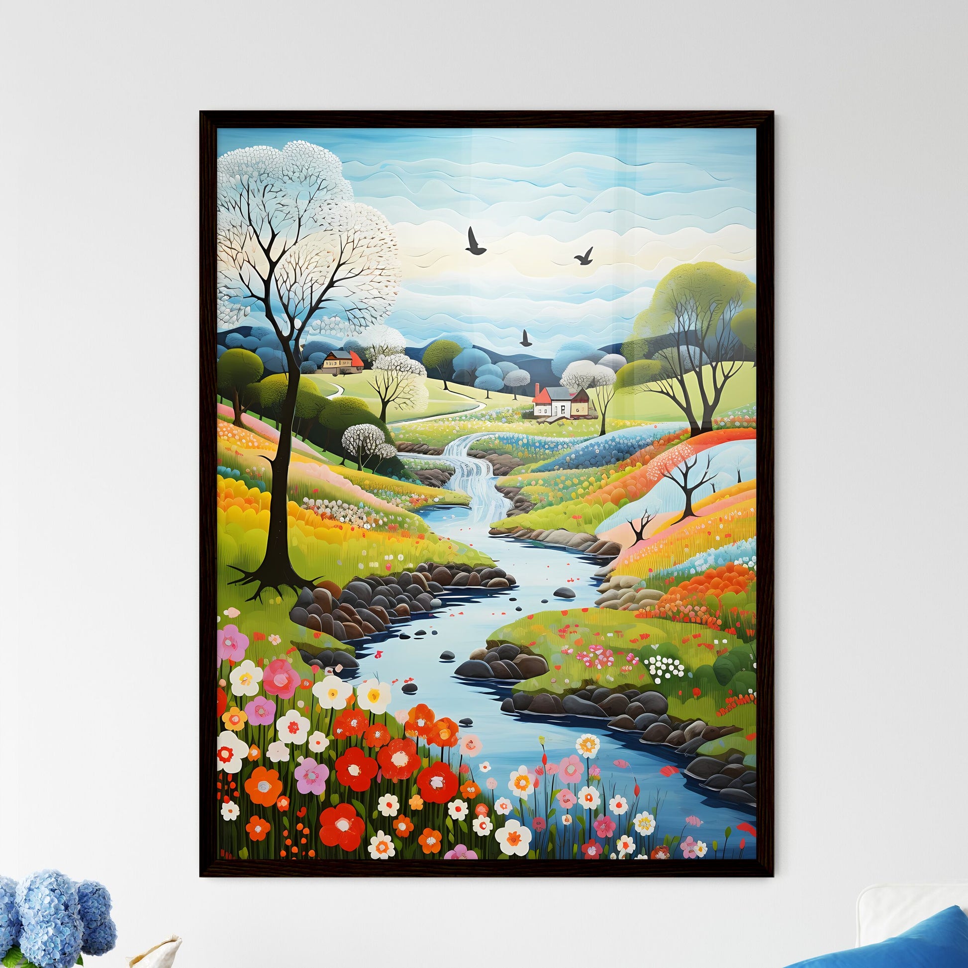 A Poster of spring landscape - A Painting Of A River Running Through A Valley With Flowers And Trees Default Title