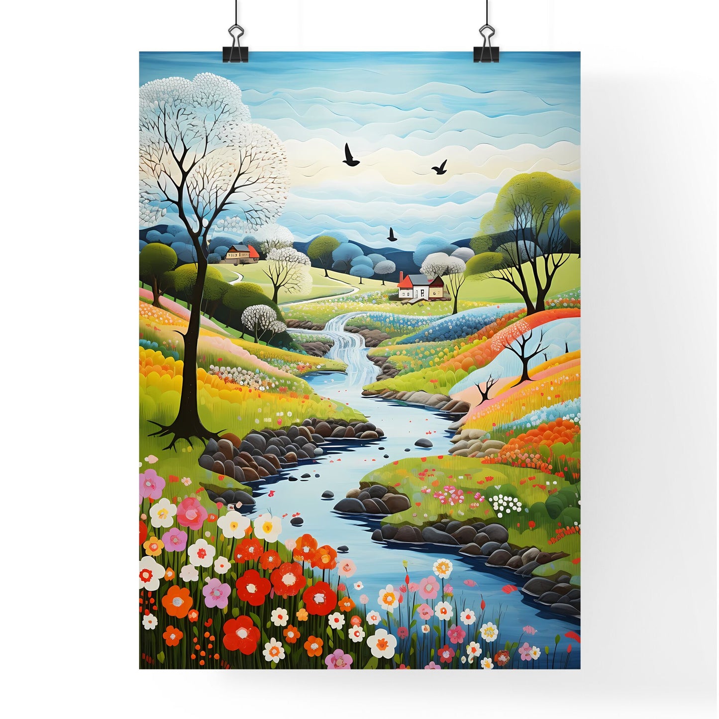 A Poster of spring landscape - A Painting Of A River Running Through A Valley With Flowers And Trees Default Title