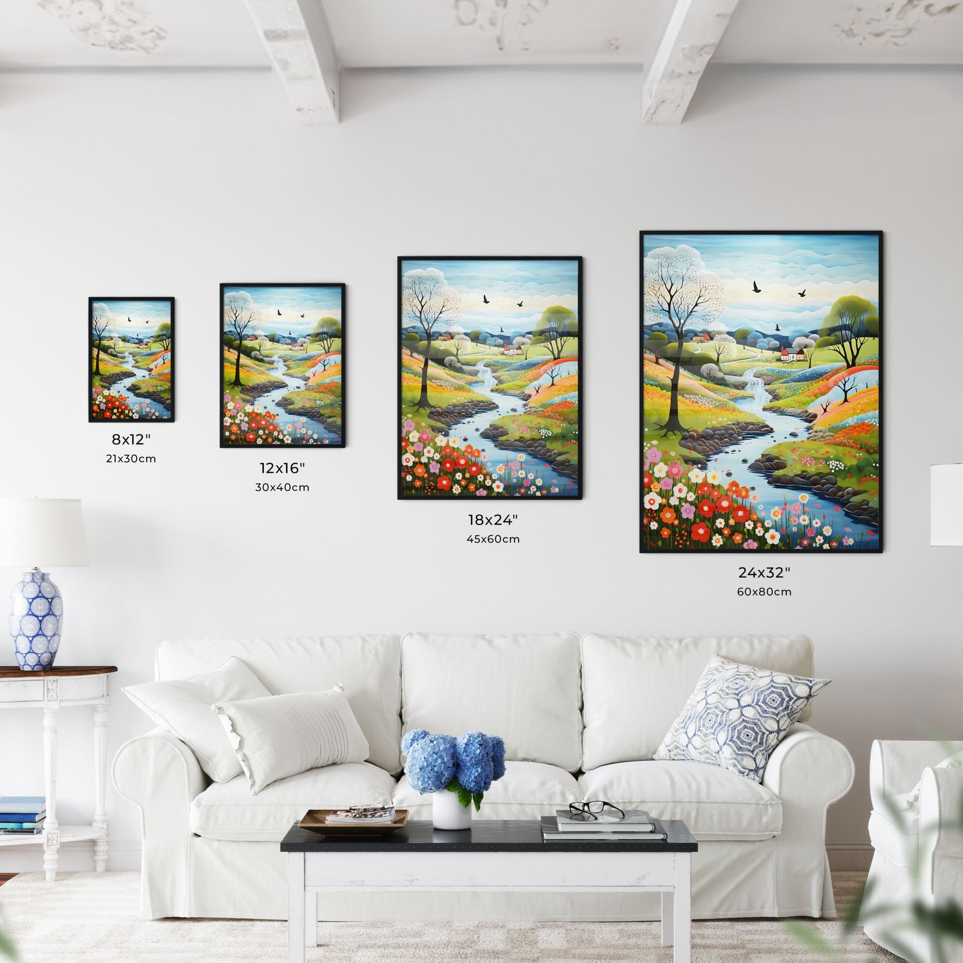 A Poster of spring landscape - A Painting Of A River Running Through A Valley With Flowers And Trees Default Title