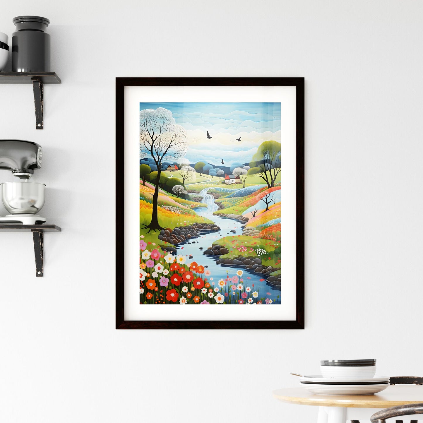 A Poster of spring landscape - A Painting Of A River Running Through A Valley With Flowers And Trees Default Title