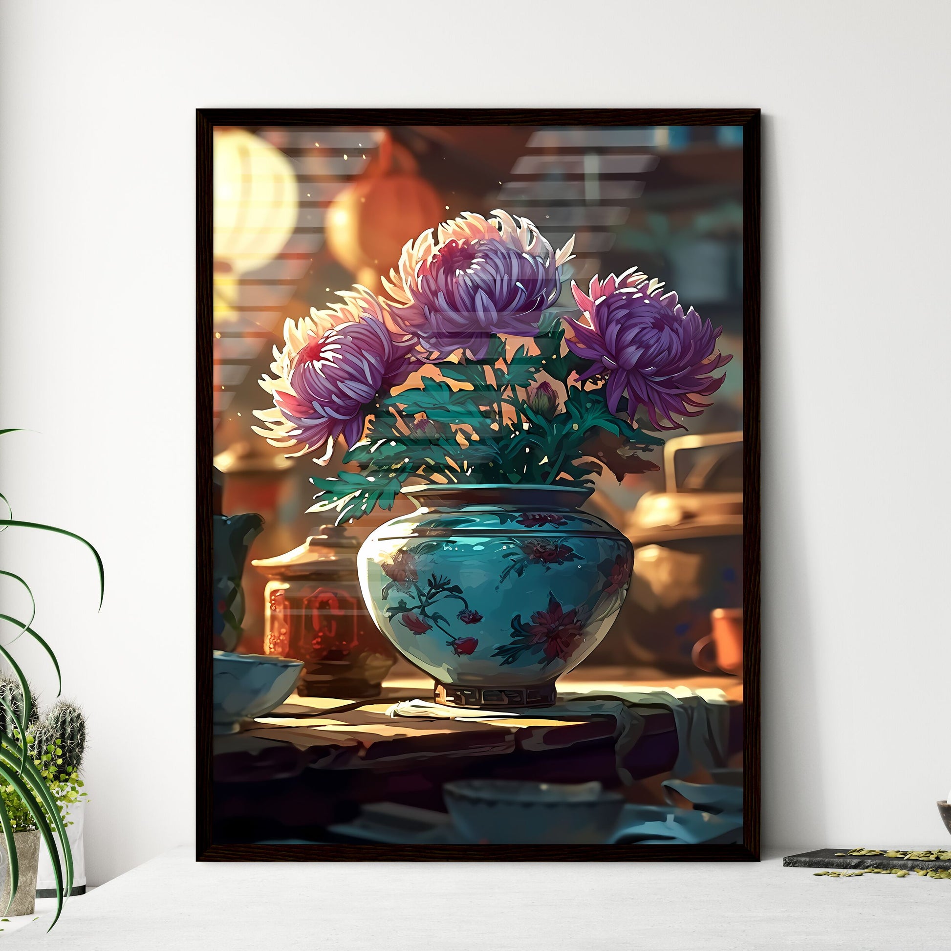A Poster of A pot of purple chrysanthemums b - Framed Art Print