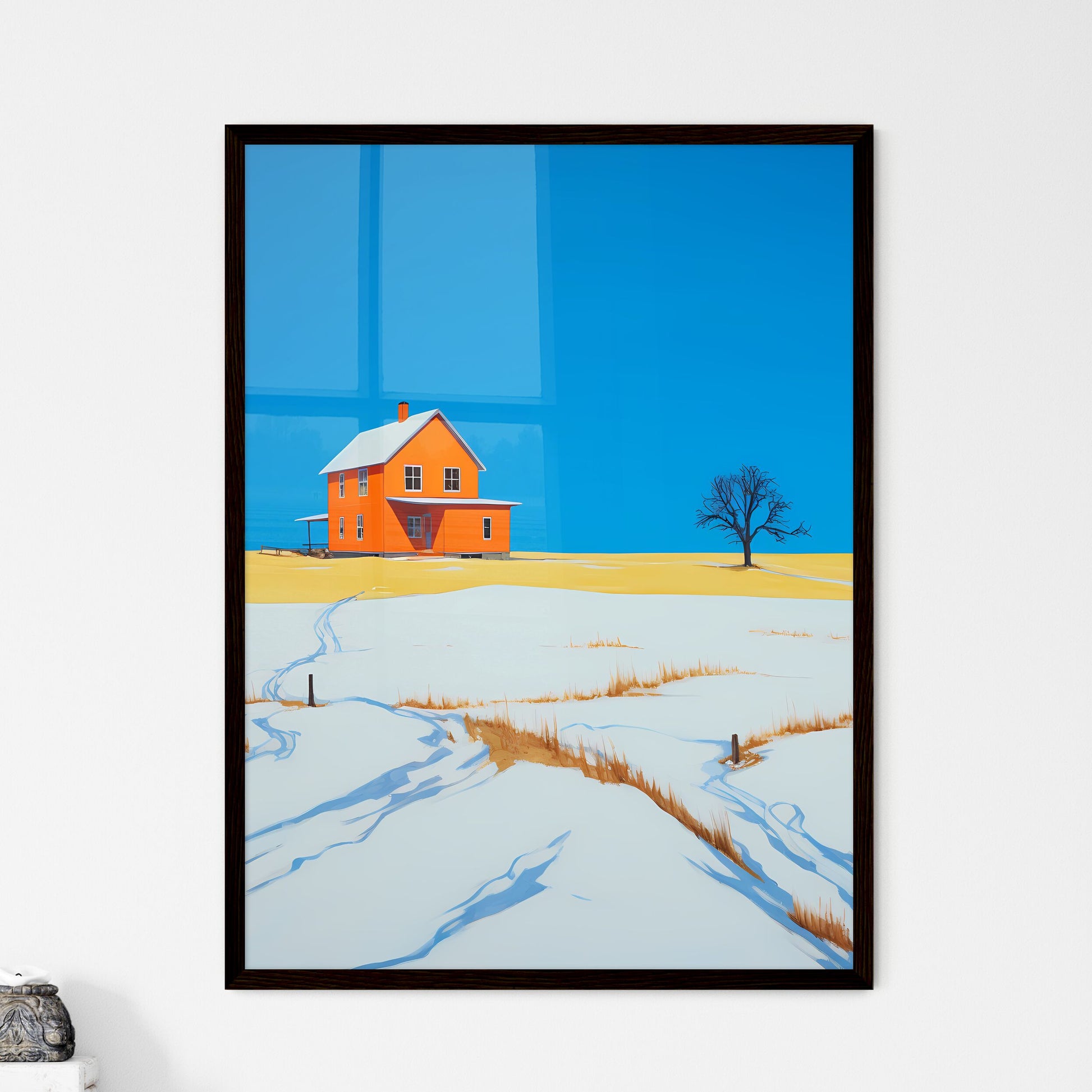 A Poster of prairie farmhouse buried in snow - A House In A Snowy Field Framed Art