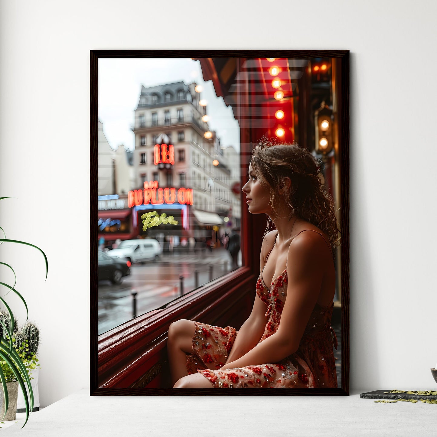 A Poster of Une lofi girl regardant - A Woman Sitting In A Window Looking Out A City Framed Art
