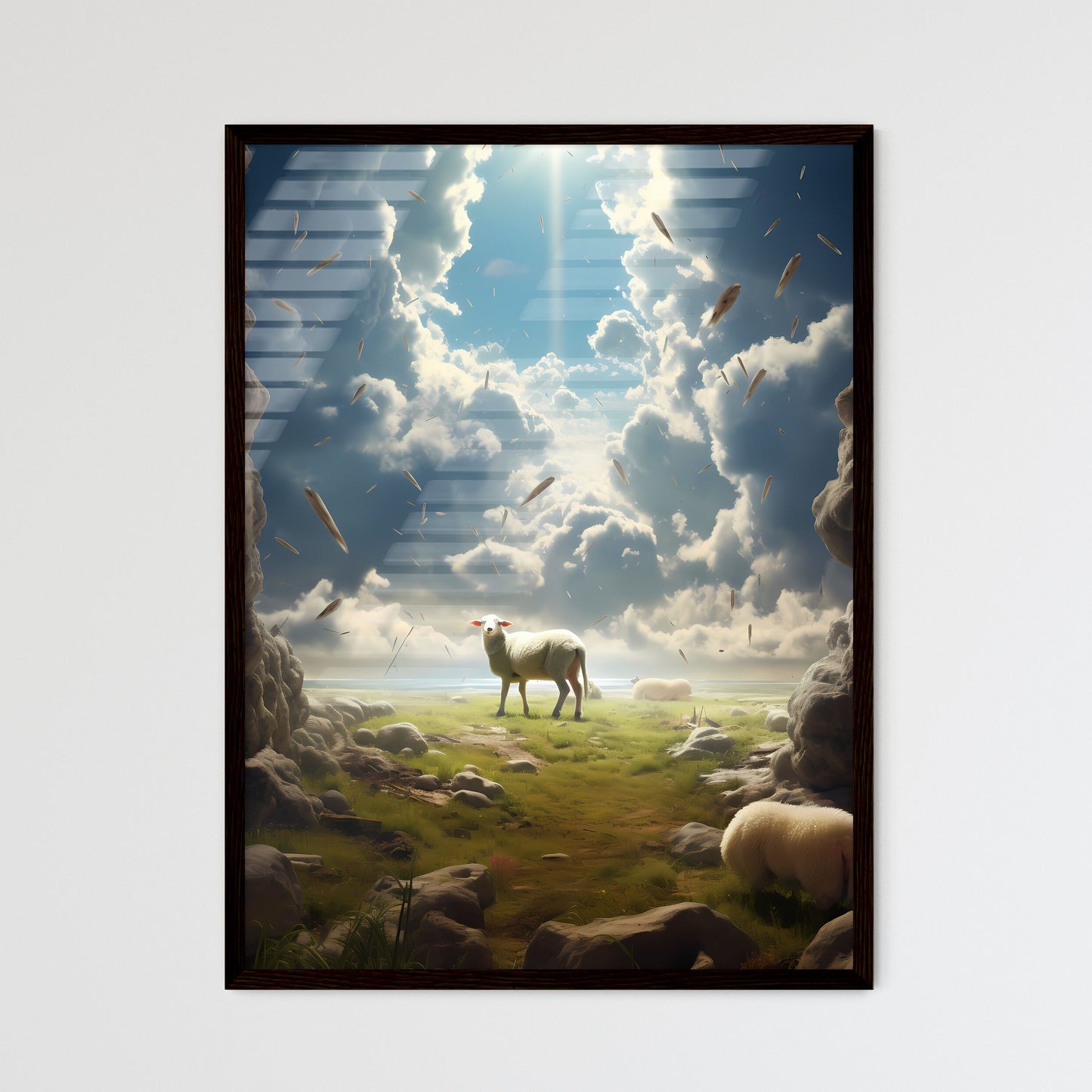 A Poster of un ciel avec des moutons qui tombent  Wall Art