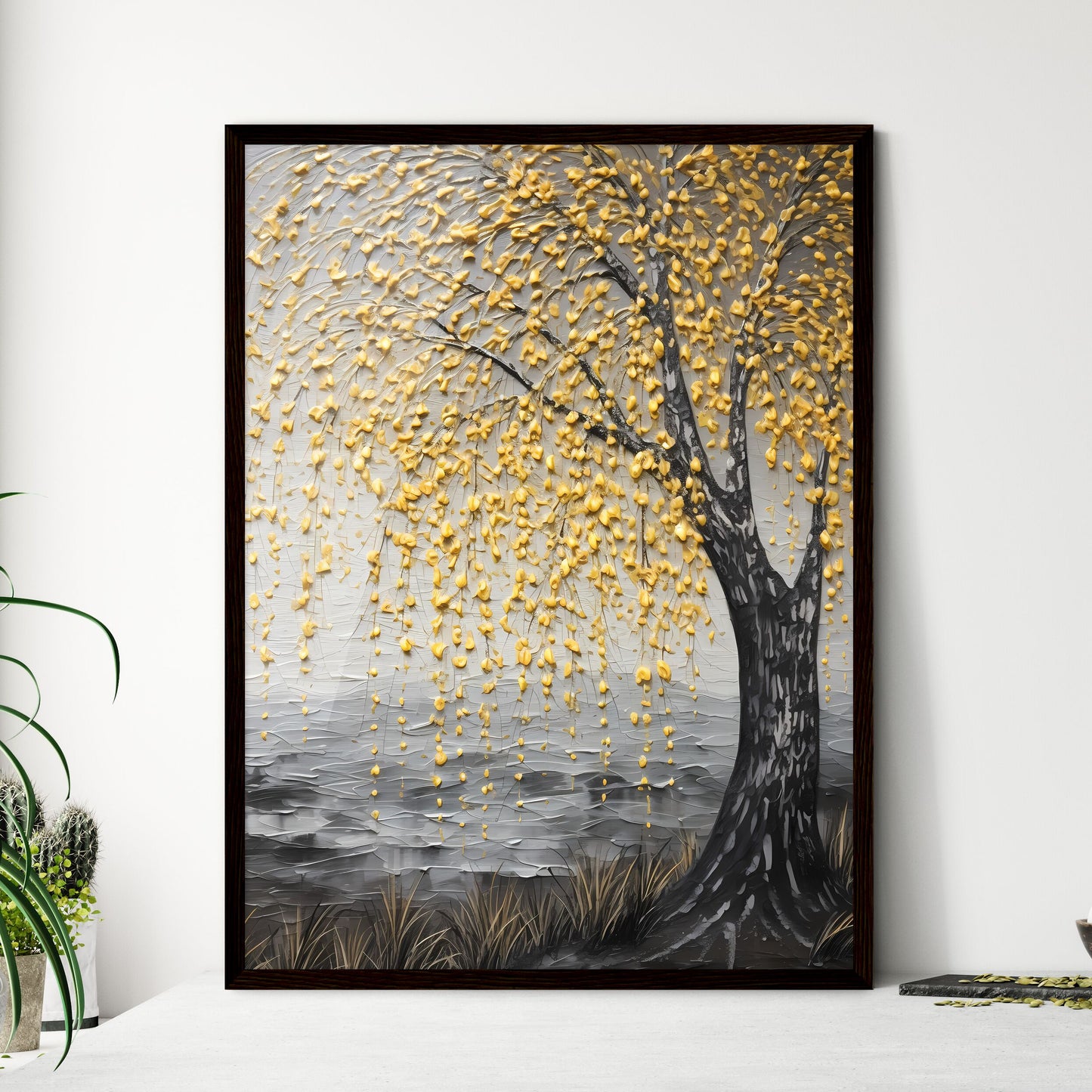 A Poster of an acrylic painting of a yellow  - Framed Art Print