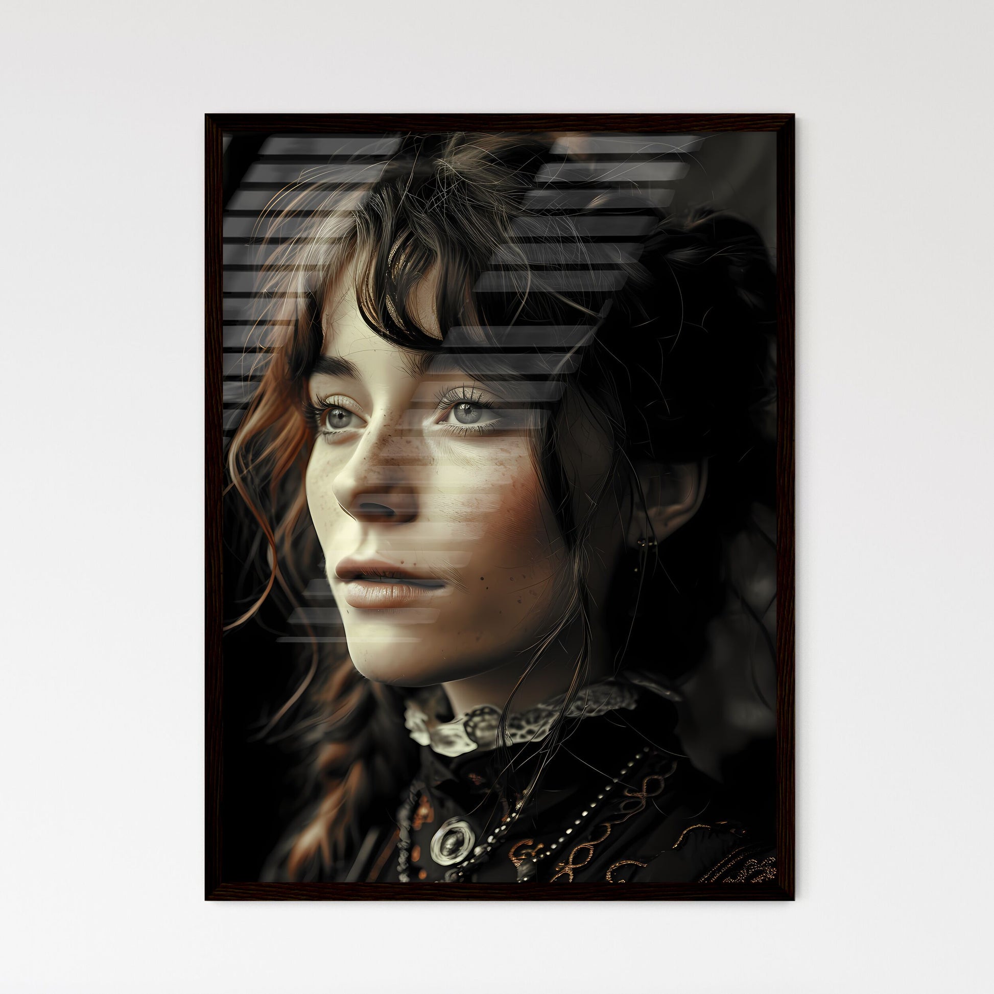 A Poster of a woman with feathers - A Woman With Freckles And Braids Looking To The Side Default Title