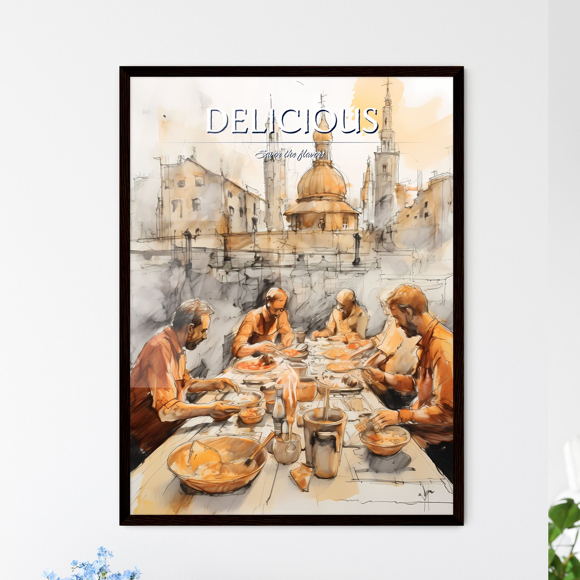 A Poster of tika masala food drawing sketchbook art - A Group Of Men Sitting At A Table Eating Food Framed Art