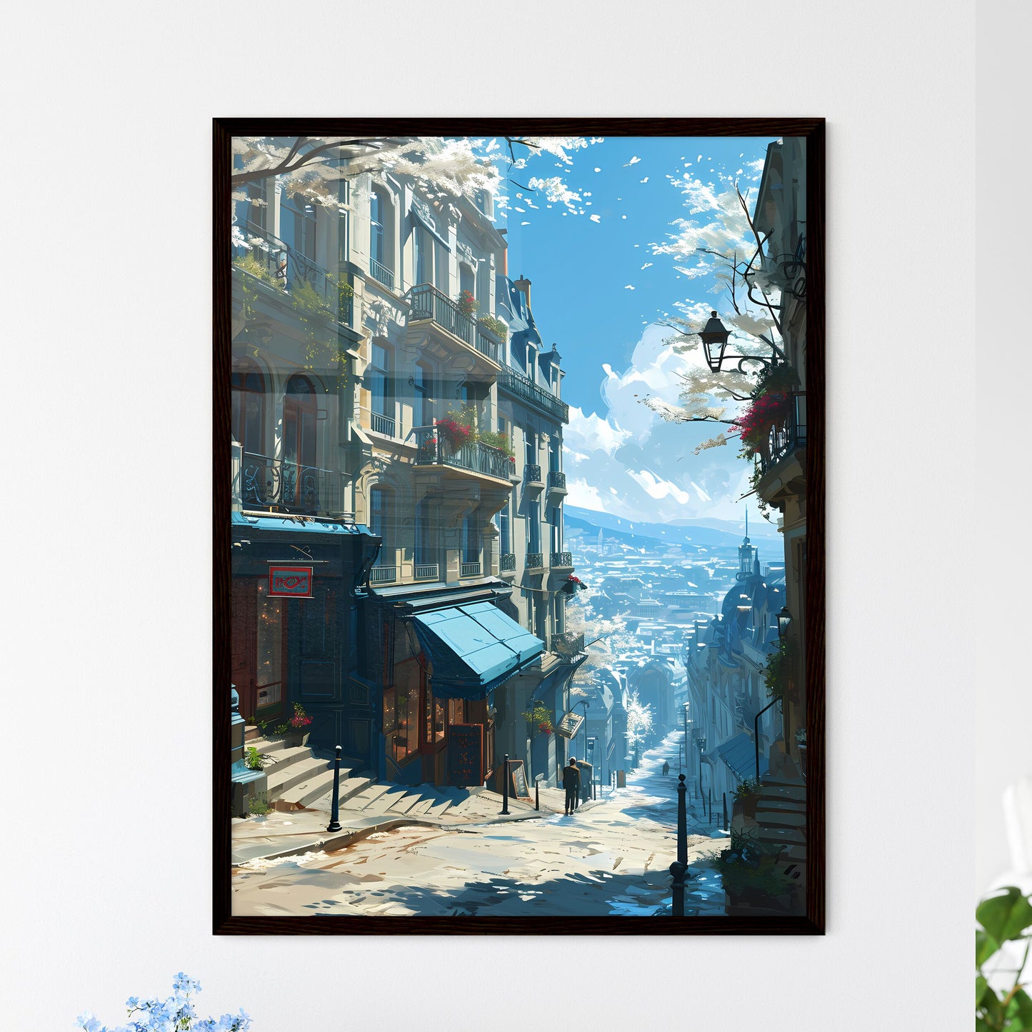 A Poster of Paris Skyline - A Street With Buildings And Stairs Default Title