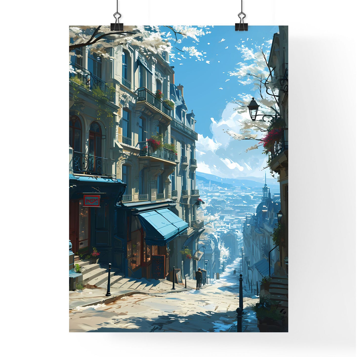 A Poster of Paris Skyline - A Street With Buildings And Stairs Default Title