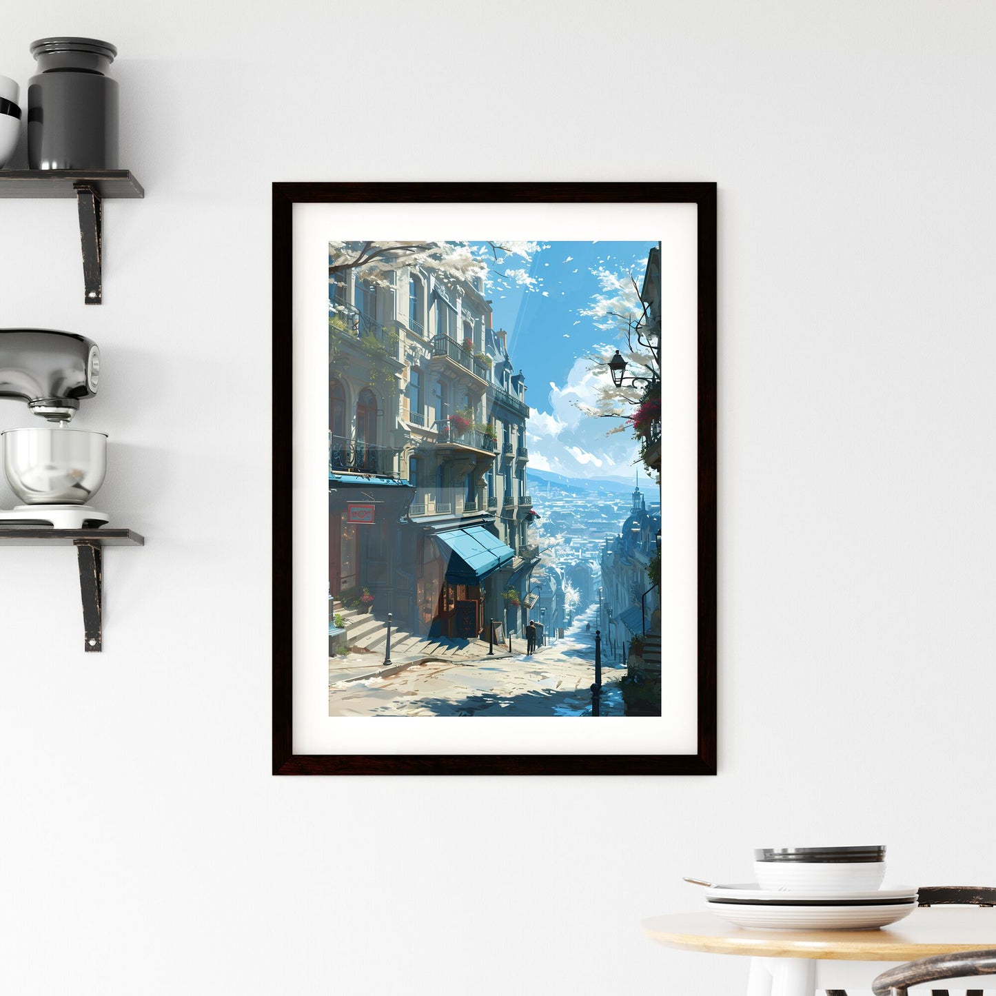 A Poster of Paris Skyline - A Street With Buildings And Stairs Default Title