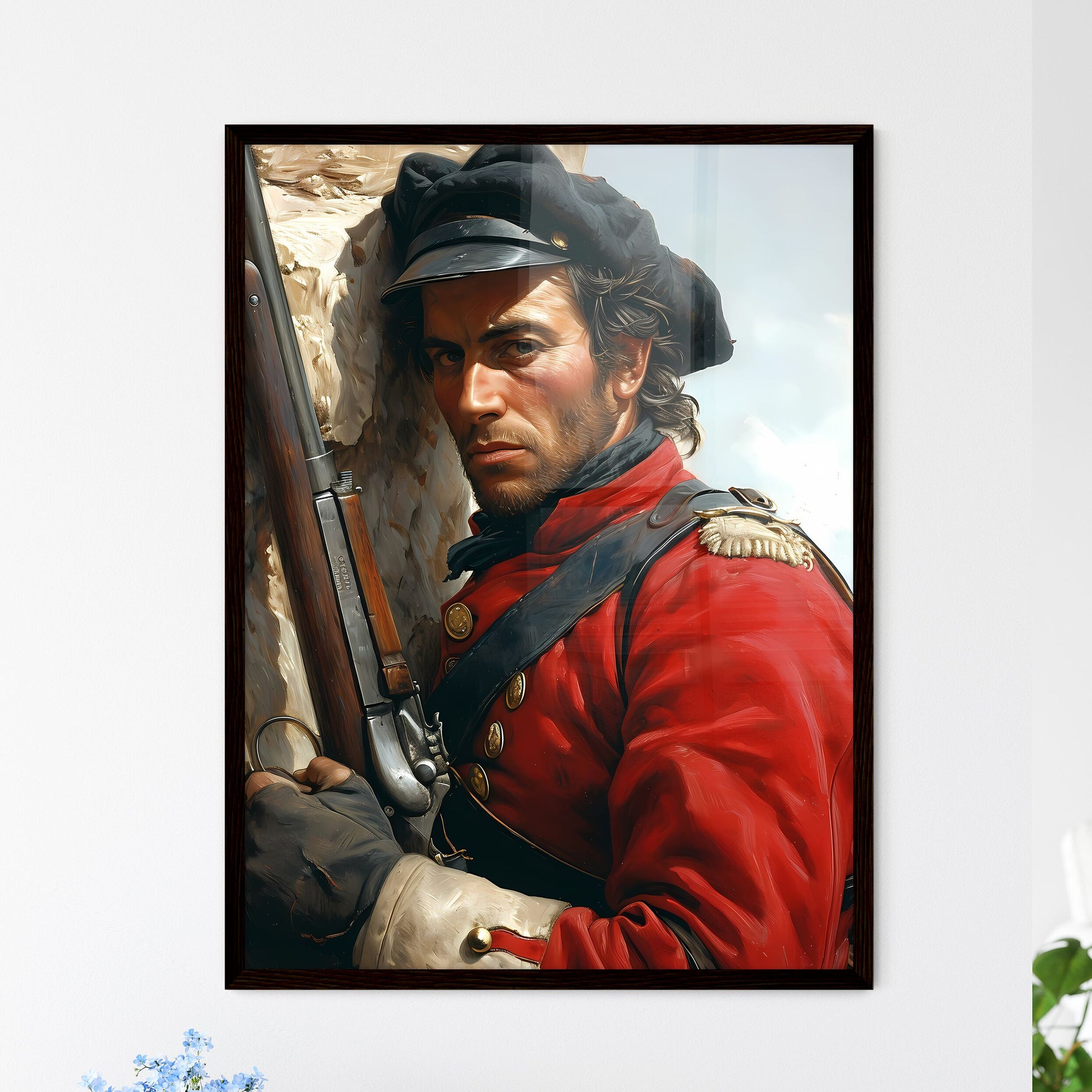 A Poster of soldier carrying rifle  Framed Print