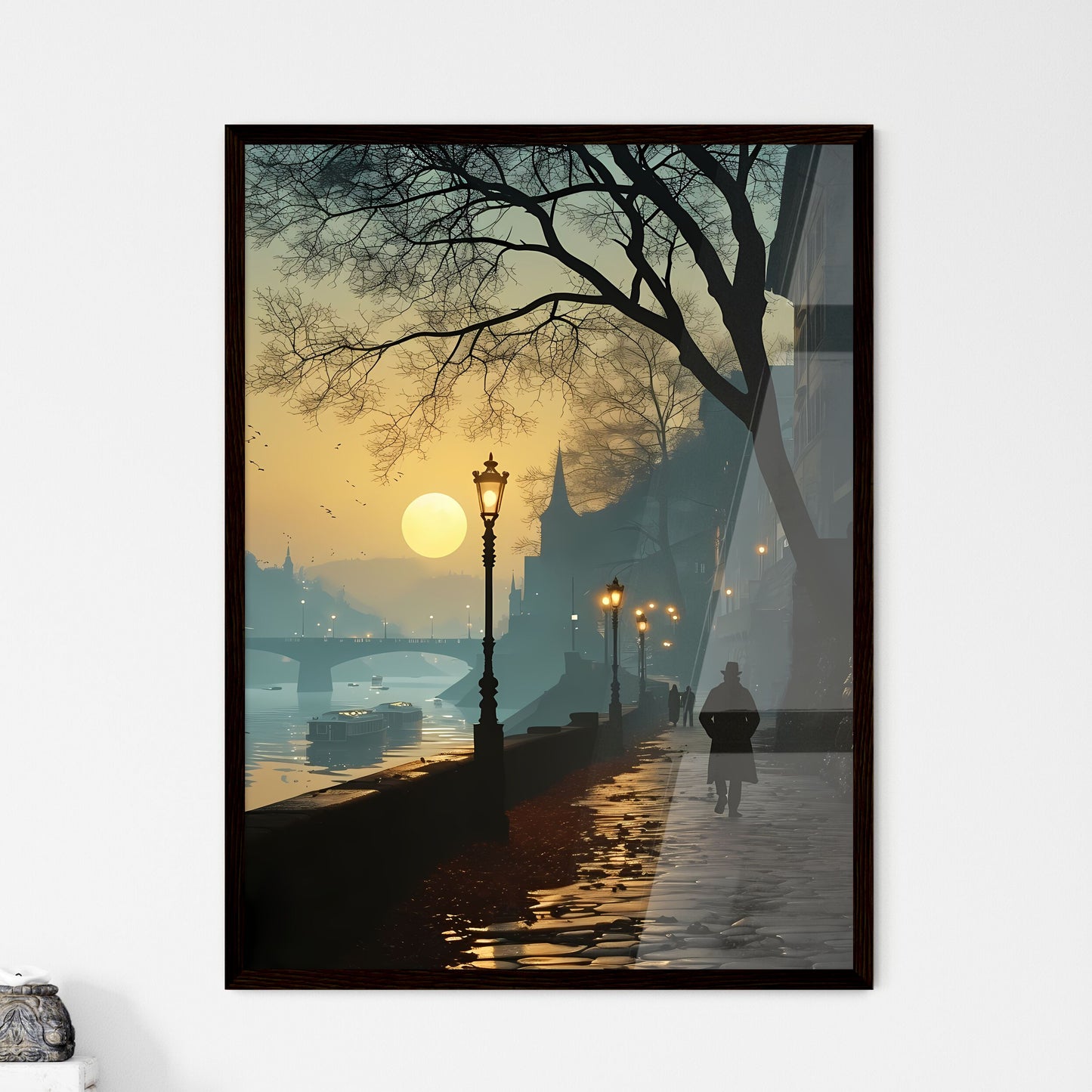 A Poster of vector poster traveling - A Person Walking On A Sidewalk Next To A River Framed Art