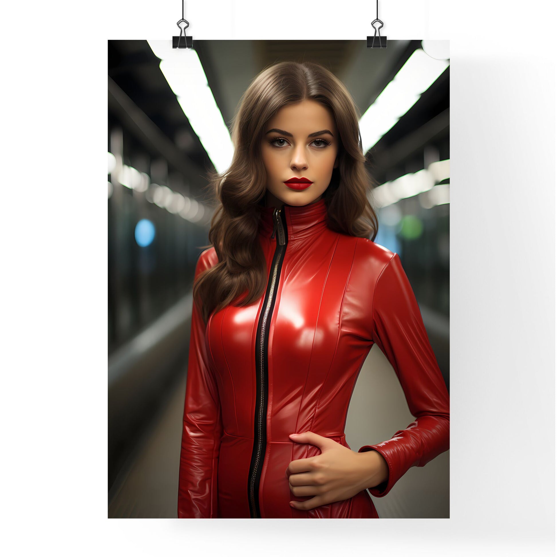 A Poster of standing on a subway - A Woman In A Red Leather Dress Default Title