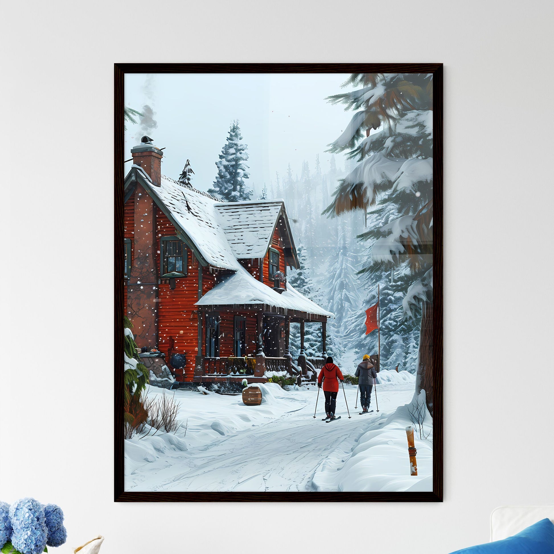 A Poster of two people are skiers in the sno - Framed Art Print