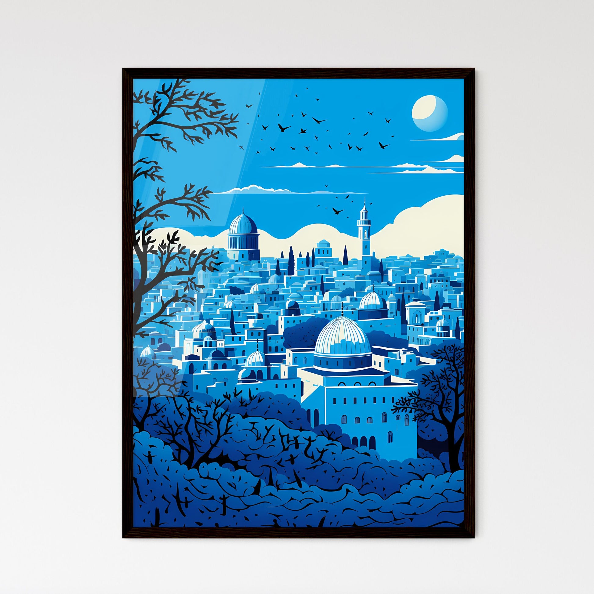 A Poster of outline the city of Jerusalem - A City With Domes And Trees Framed Art