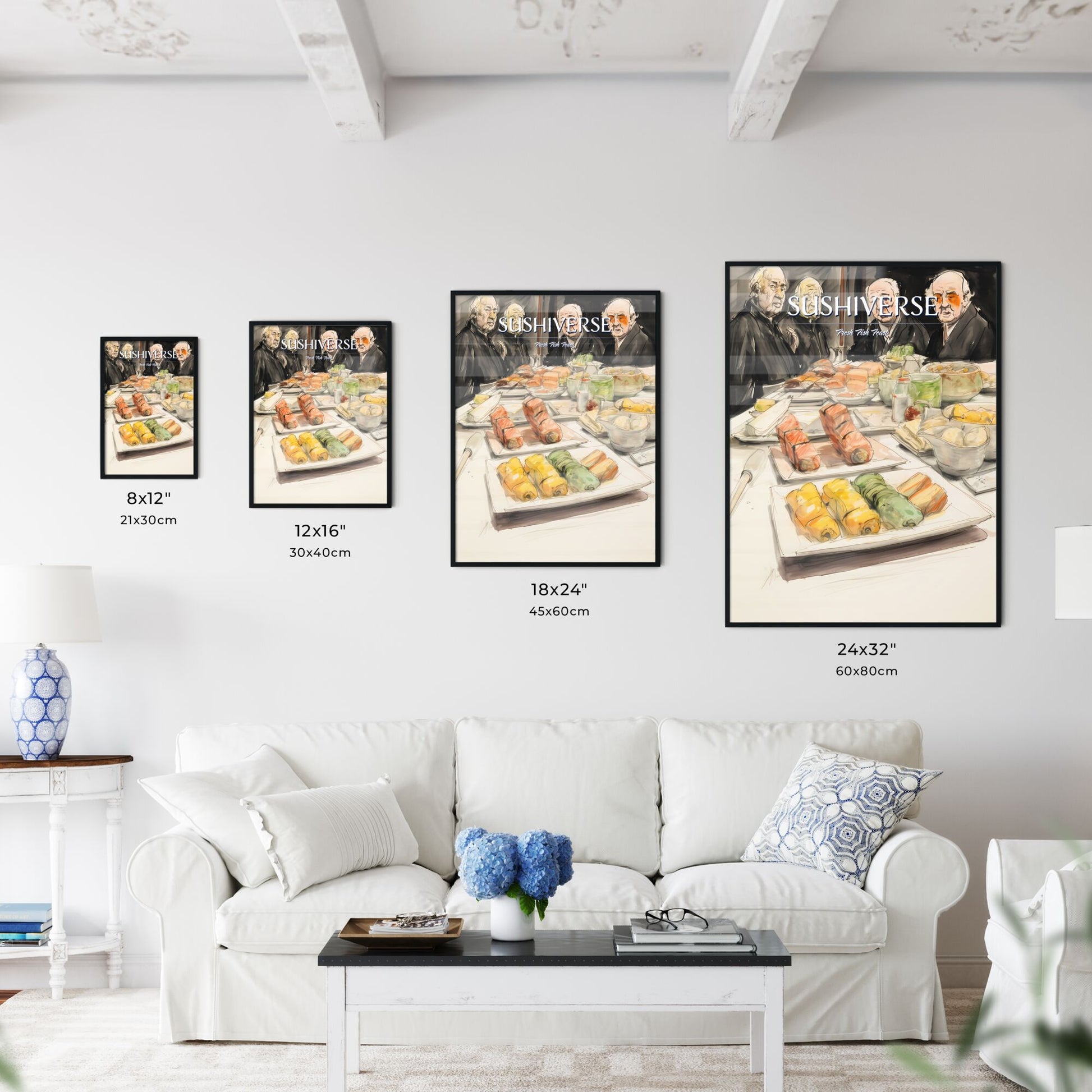 A Poster of sushi food drawing - A Group Of People Sitting At A Table With Plates Of Food Default Title