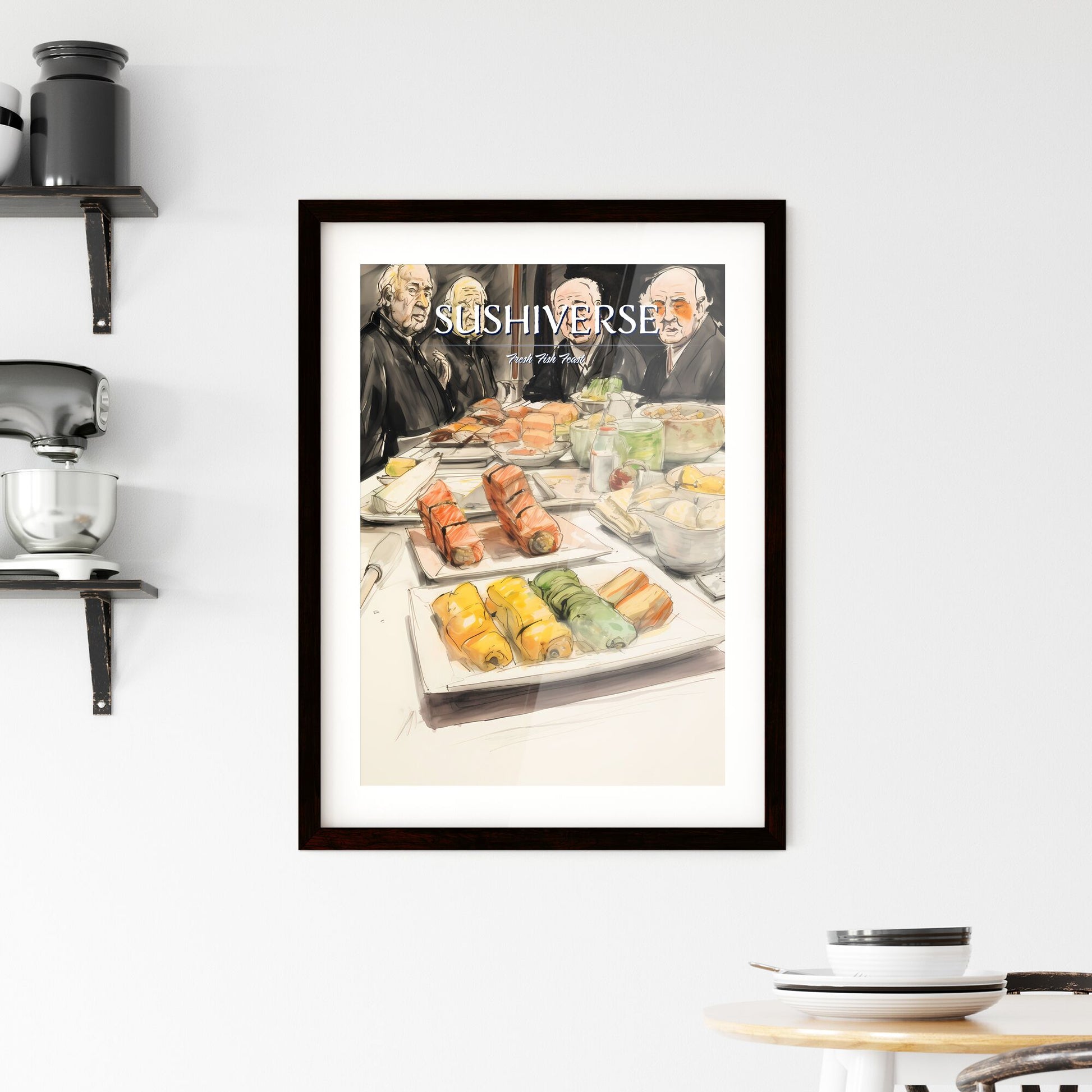 A Poster of sushi food drawing - A Group Of People Sitting At A Table With Plates Of Food Default Title