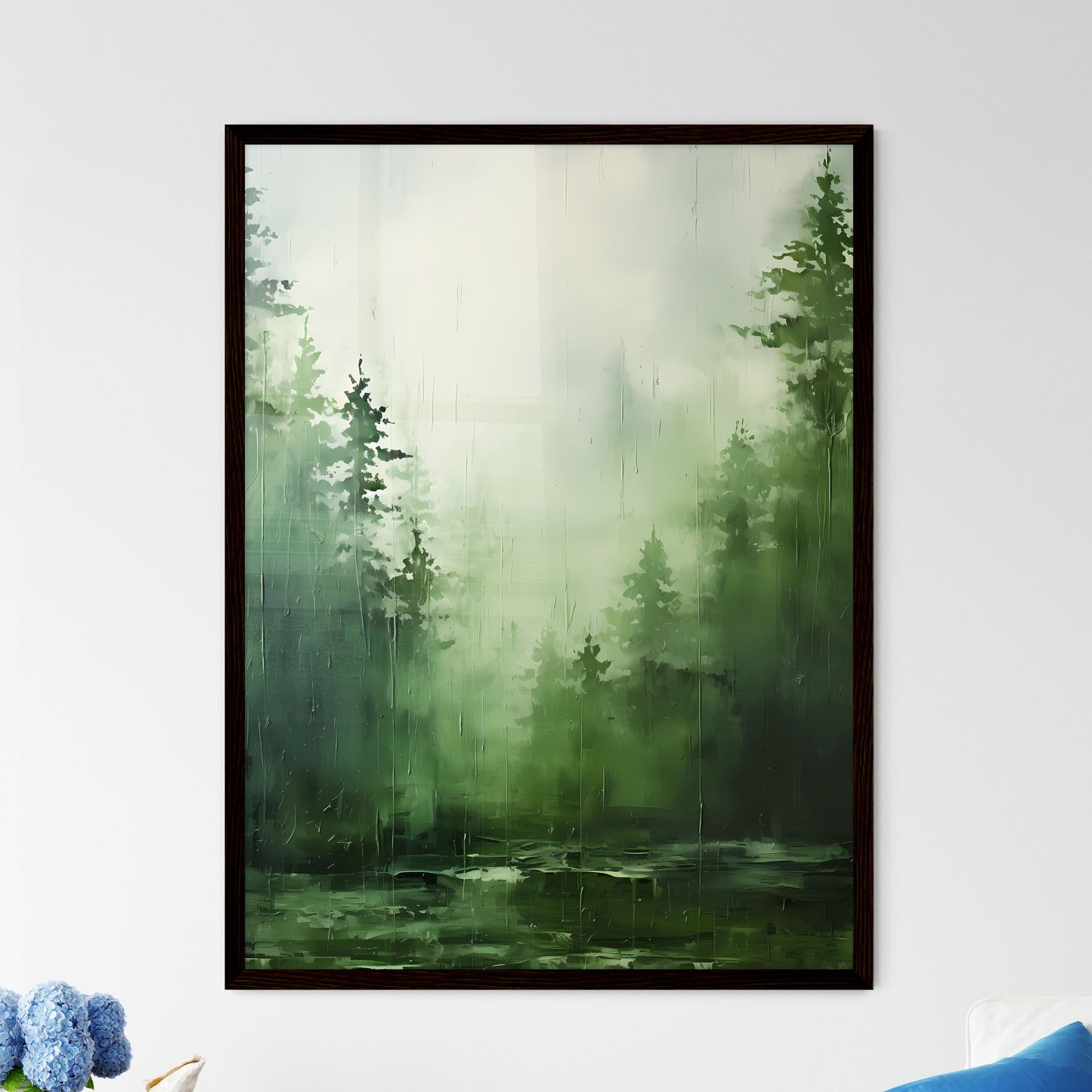 A Poster of green forest landscape oil - A W - Framed Art Print