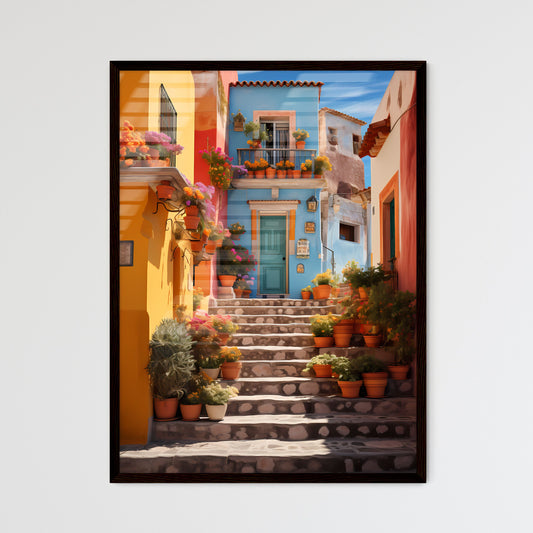 A Poster of San miguel vibrant color combinations - A Stairs Leading To A Building With Pots Of Flowers Framed Art