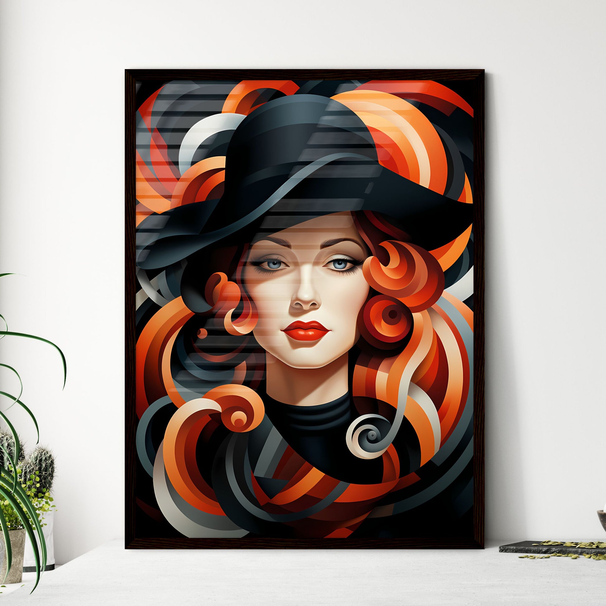 A Poster of a woman wearing a black and red  - Framed Art Print