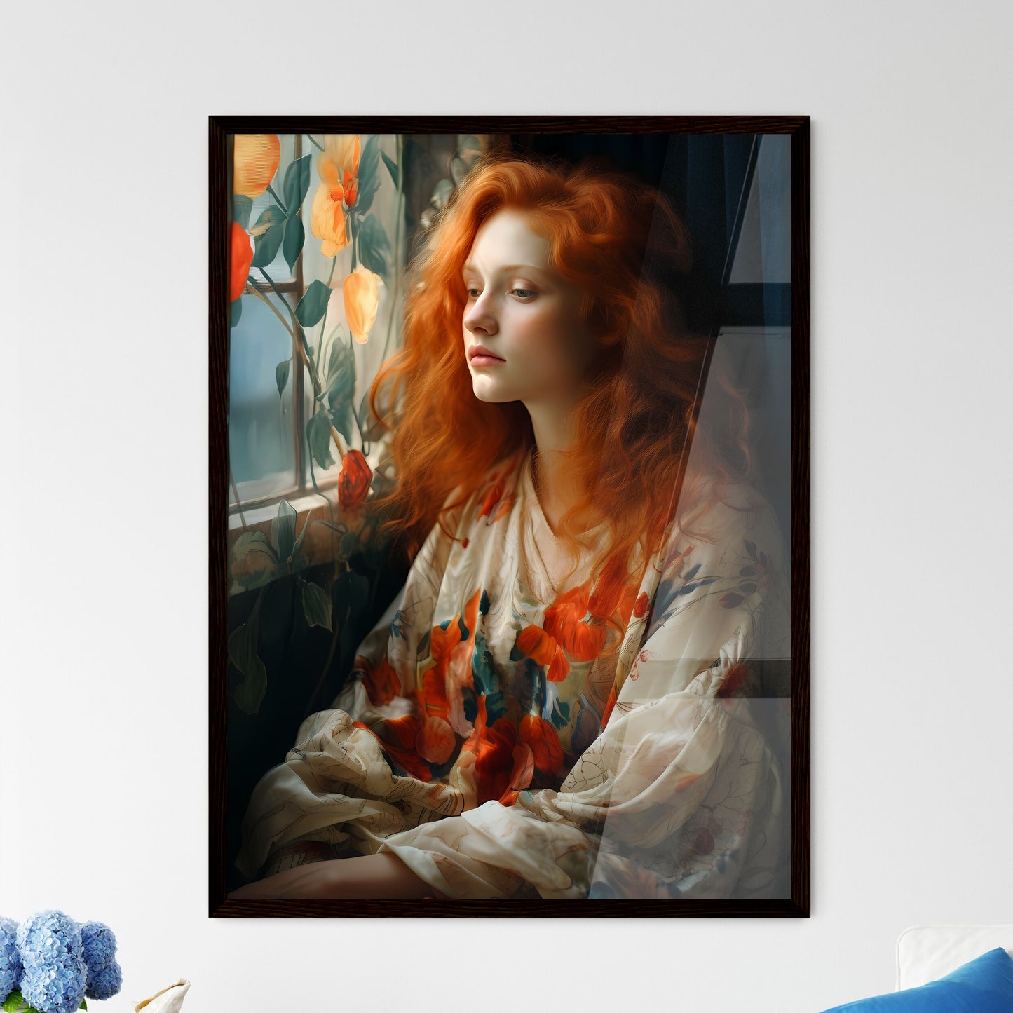 A Poster of woman with red hair sitting - A  - Framed Art Print