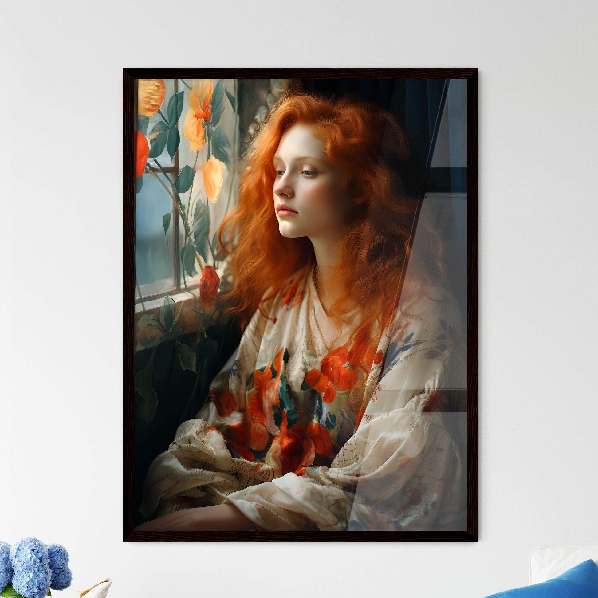 A Poster of woman with red hair sitting - A  - Framed Art Print
