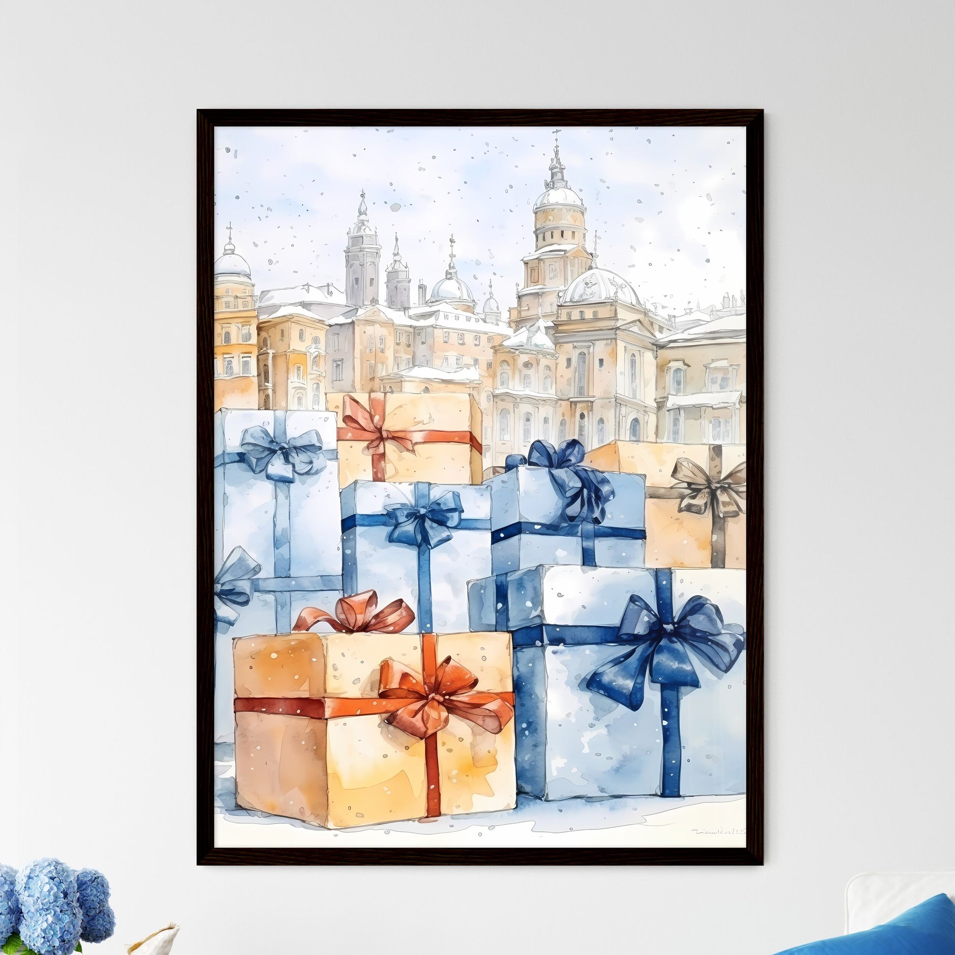 A Poster of Christmas and Holiday Gifts on Snow - A Group Of Presents With Bows Framed Art