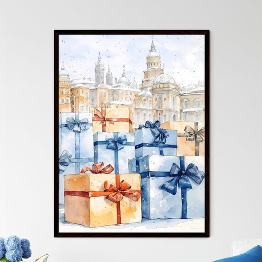 A Poster of Christmas and Holiday Gifts on Snow - A Group Of Presents With Bows Framed Art